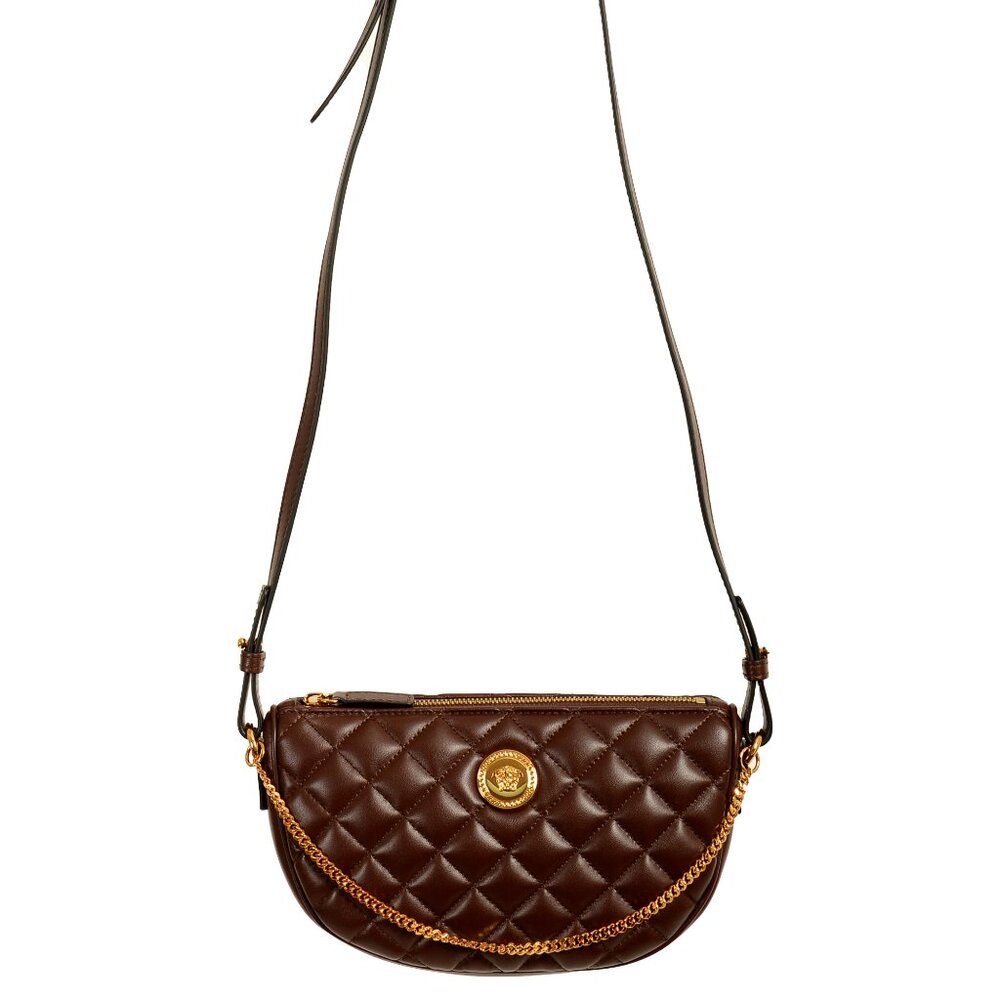 Versace Women's Leather Gold Medusa Quilted Half Moon Chain Handbag Shoulder Bag